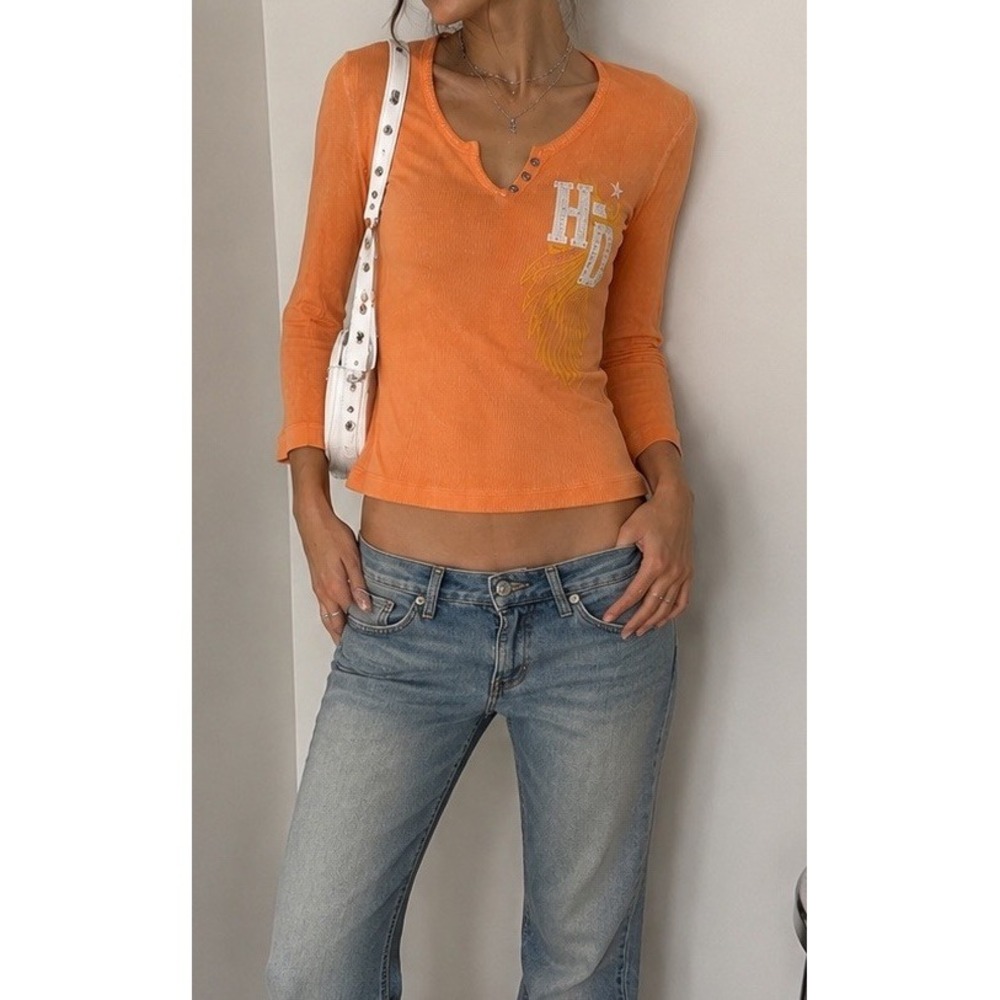 Harley Davidson Ribbed Y2K Orange Henley Top Womens Small Biker - Picture 1 of 8